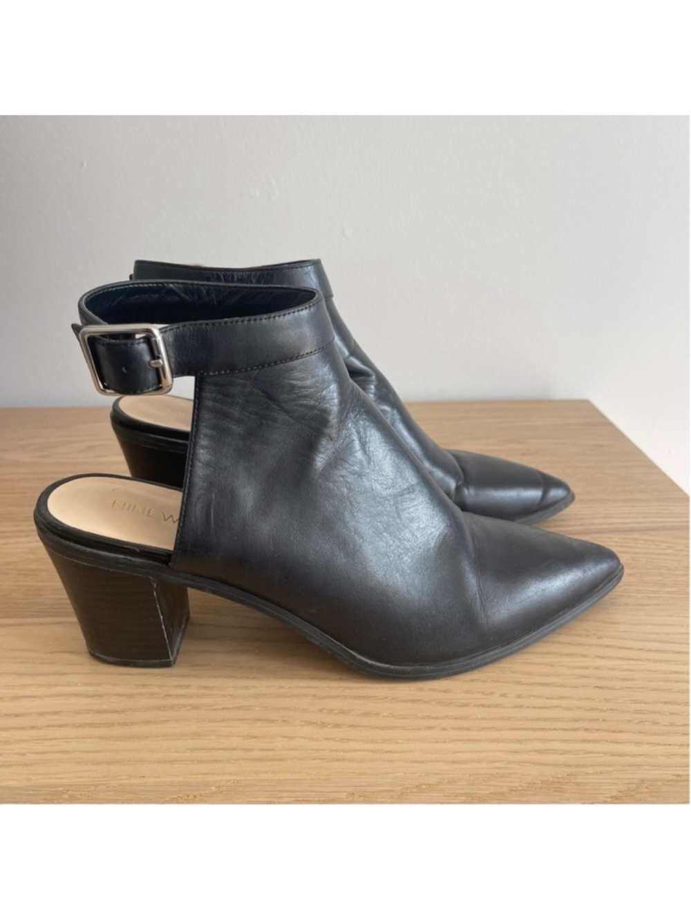 Nine West Black leather Heeled open back booties with Slingback Design chunky